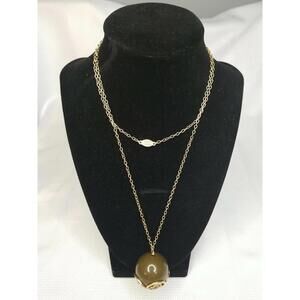 Vintage Pilgrim Danish Design Olive Green Ball in Gold Tone Pendant Necklace
